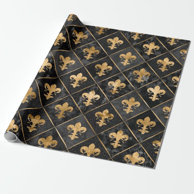 Papel De Presente Padrão Fleur-de-lis Marble Preto e Dourado (Desenrolado)