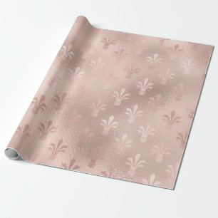 Papel De Presente Padrão Fleur de Lis Rosa Dourado e Rosa Bege