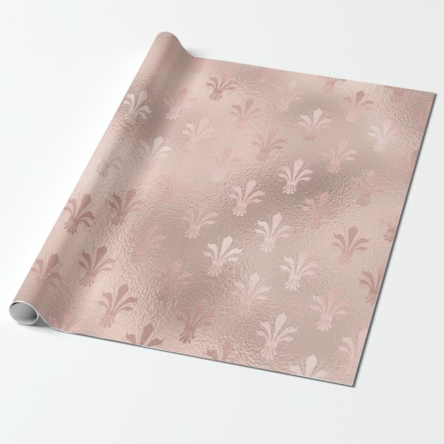 Papel De Presente Padrão Fleur de Lis Rosa Dourado e Rosa Bege (Desenrolado)