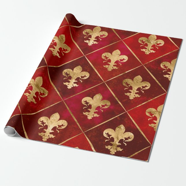 Papel De Presente Padrão Fleur-de-lis vermelho luxuoso (Desenrolado)