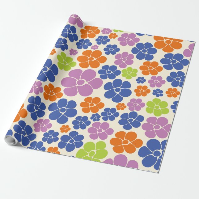 Papel De Presente Padrão Flor - Azul, Laranja, Roxo, Verde (Desenrolado)