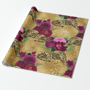 Papel De Presente Padrão Flor Floral de Rosa vermelha Leopardo Chit