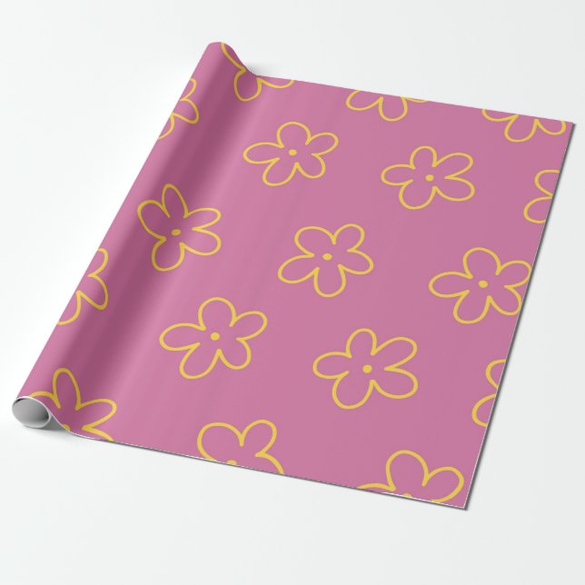 Papel De Presente Padrão Flor Simples Amarelo Roxo Retro (Desenrolado)