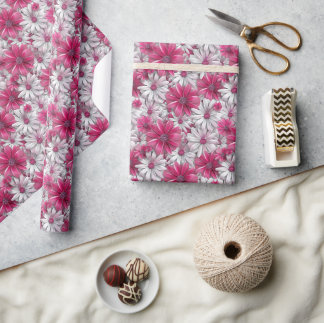 Papel De Presente Padrão Floral 3D com Sangue Rosa Quente e Branco