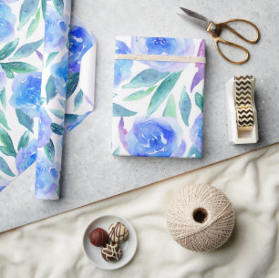 Papel De Presente Padrão floral abstrato em aquarela azul jardim