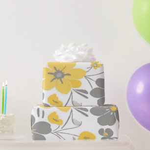 Papel De Presente Padrão Floral Amarelo e Cinza Chic em Fundo Branco