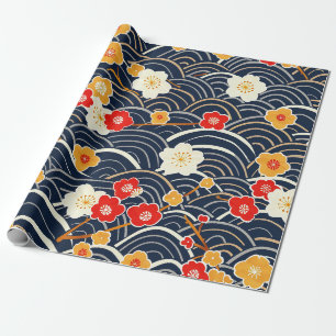 Papel De Presente Padrão Floral Ameixa Onda Japonesa Marinho