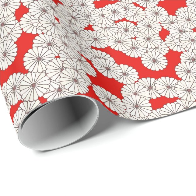Papel De Presente Padrão floral Art Deco - branco em vermelho (Ponta do rolo)