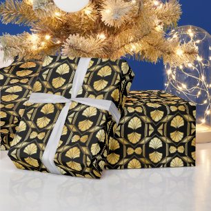 Papel De Presente Padrão Floral Art Déco Dourado e Preto
