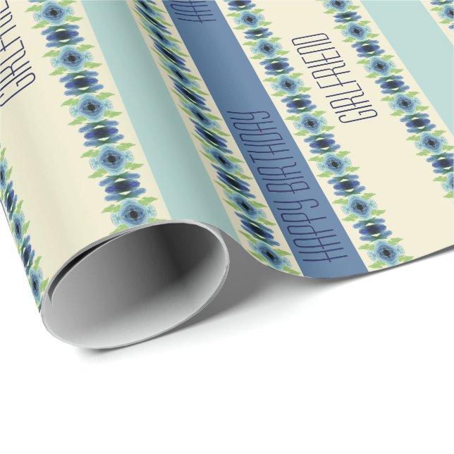 Papel De Presente Padrão Floral Artsy Em Azul (Ponta do rolo)