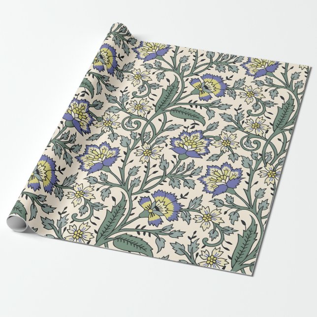 Papel De Presente Padrão floral azul, amarelo e branco contínuo (Desenrolado)