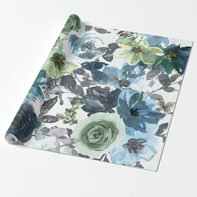 Papel De Presente Padrão Floral Azul, Aquarela Artística (Desenrolado)
