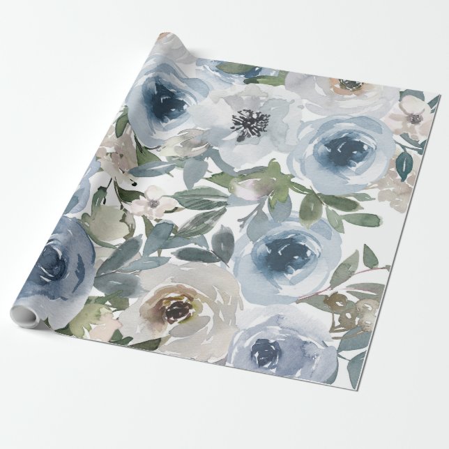 Papel De Presente Padrão Floral Azul, Aquarela Artística (Desenrolado)