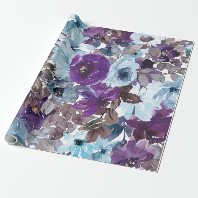 Papel De Presente Padrão Floral Azul, Aquarela Artística (Desenrolado)