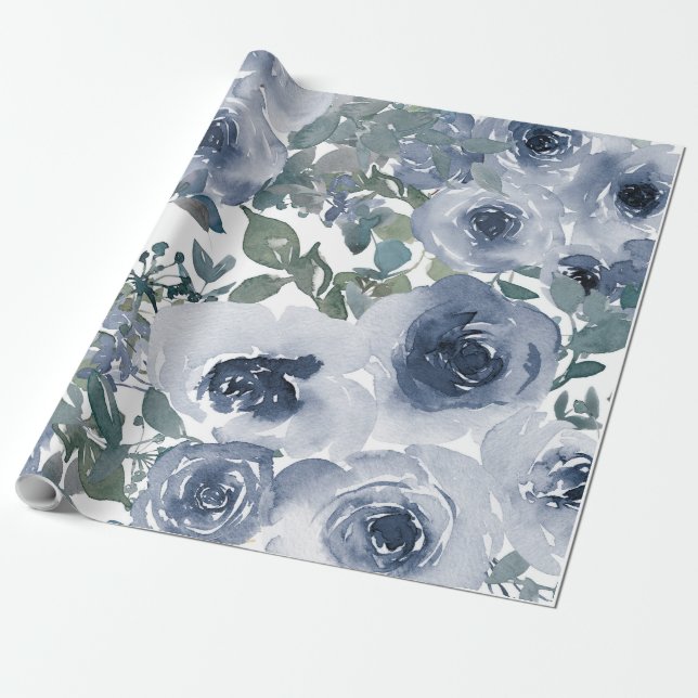 Papel De Presente Padrão Floral Azul, Aquarela Artística (Desenrolado)
