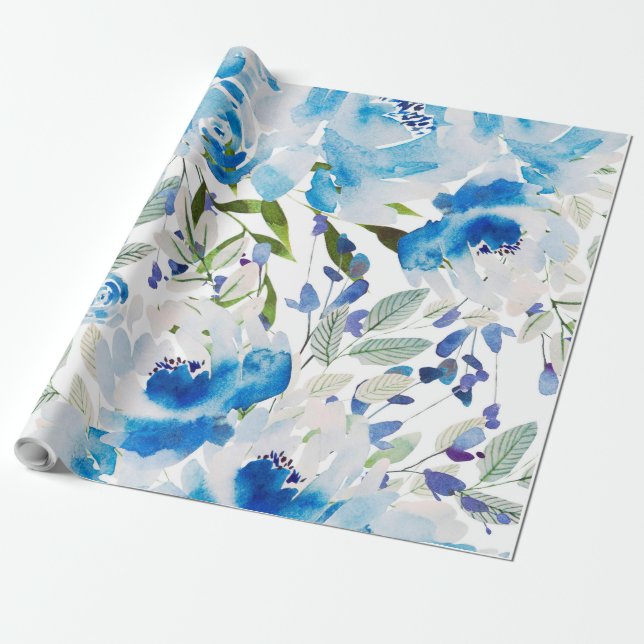 Papel De Presente Padrão Floral Azul, Aquarela Artística (Desenrolado)