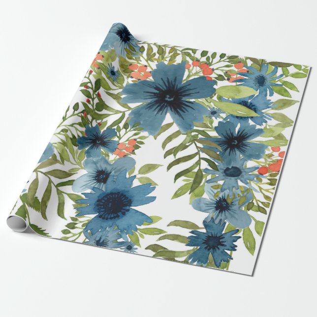 Papel De Presente Padrão Floral Azul, Aquarela Artística (Desenrolado)