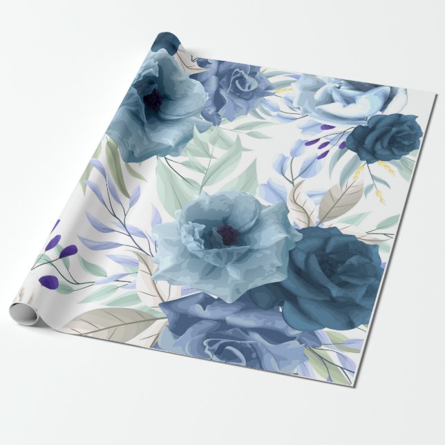 Papel De Presente Padrão Floral Azul, Aquarela Artística (Desenrolado)
