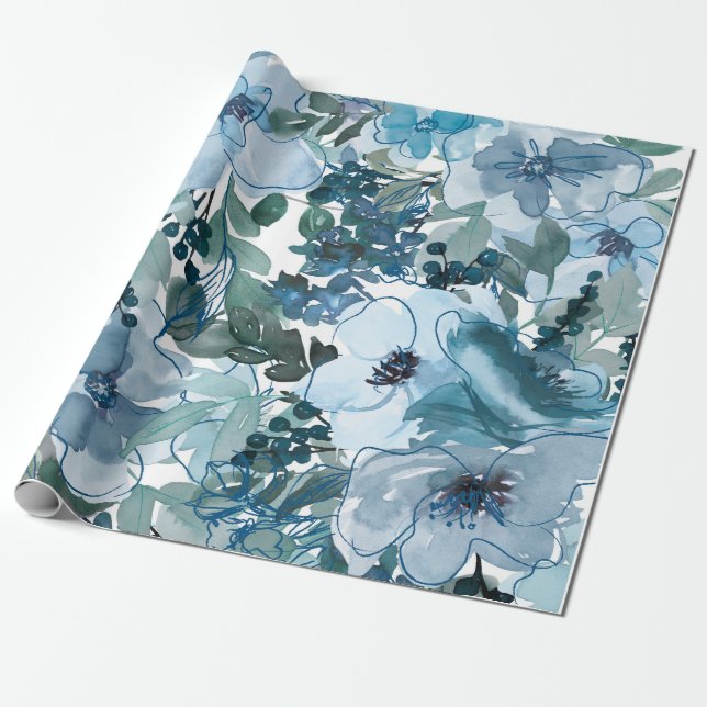 Papel De Presente Padrão Floral Azul, Aquarela Artística (Desenrolado)