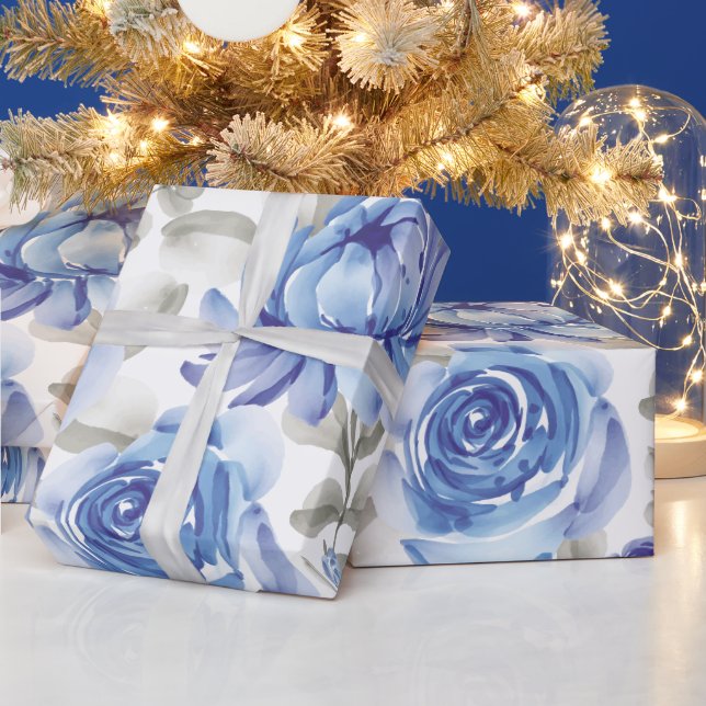 Papel De Presente Padrão floral azul-aquarela vítrea (Feriados)