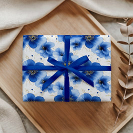 Papel De Presente Padrão Floral Azul com Acentos Dourados