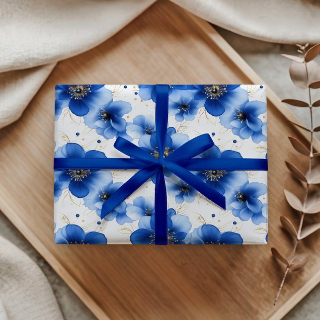 Papel De Presente Padrão Floral Azul com Acentos Dourados (Criador carregado)
