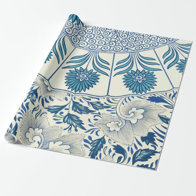 Papel De Presente Padrão Floral Azul Design Asiático Antiquado (Desenrolado)