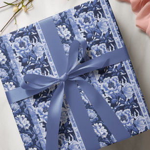 Papel De Presente Padrão Floral Azul e Branco Antiquado Delft