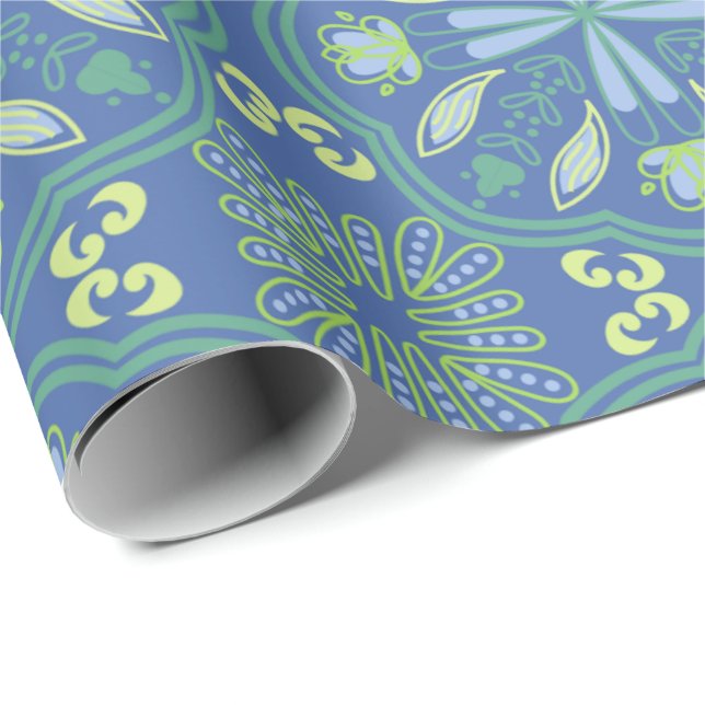 Papel De Presente Padrão floral azul e verde contínuo (Ponta do rolo)