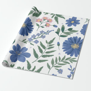 Papel De Presente Padrão Floral Azul Elegante com verde fresco