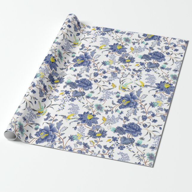 Papel De Presente padrão floral azul empoeirado (Desenrolado)