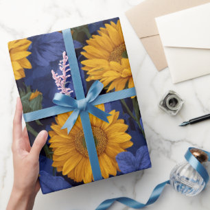 Papel De Presente Padrão Floral Azul Girassol Amarelo Vintage