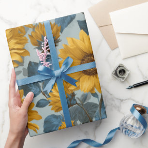 Papel De Presente Padrão Floral Azul Girassol Amarelo Vintage