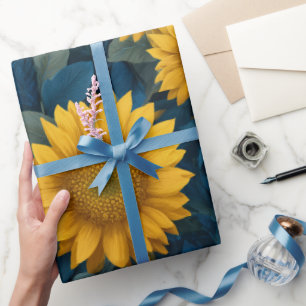 Papel De Presente Padrão Floral Azul Girassol Amarelo Vintage