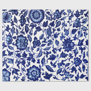 Papel De Presente Padrão floral azul-marinho chinês em branco