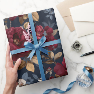 Papel De Presente Padrão Floral Azul Marinho Rosa Burgundy Elegante