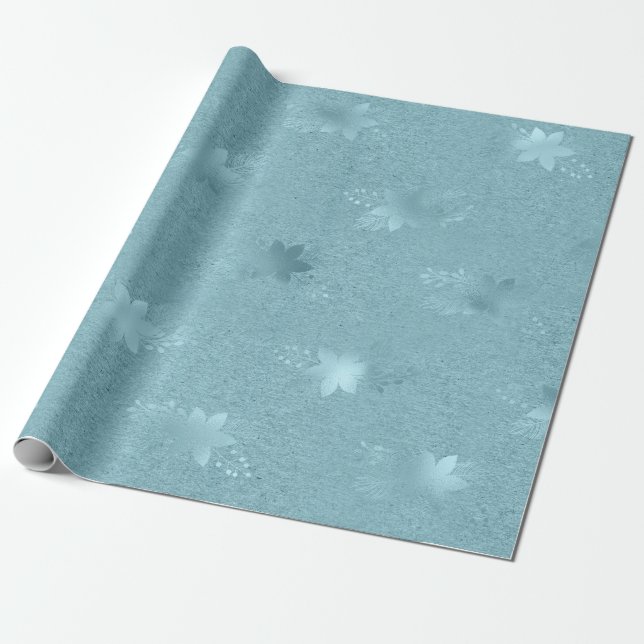Papel De Presente Padrão floral azul metálico Elegante (Desenrolado)