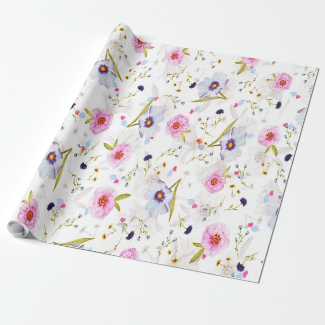 Papel De Presente Padrão Floral Azul, Rosa (Desenrolado)