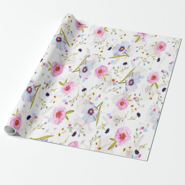 Papel De Presente Padrão Floral Azul, Rosa (Desenrolado)