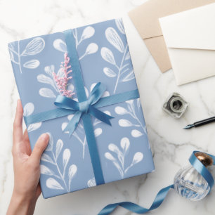 Papel De Presente Padrão Floral Azul Suave Escandinavo Branco Folha