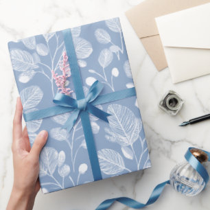 Papel De Presente Padrão Floral Azul Suave Escandinavo Branco Folha