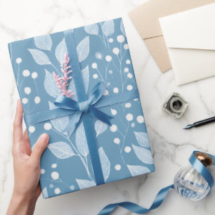 Papel De Presente Padrão Floral Azul Suave Escandinavo Folha Branca