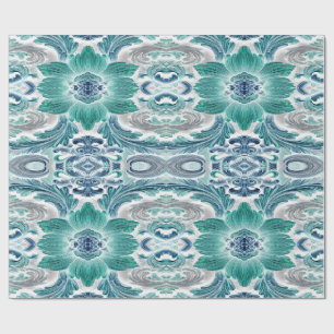Papel De Presente Padrão Floral Barroco em Azul Turquesa e Azul Eleg