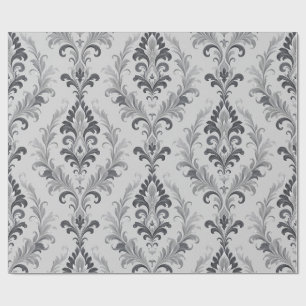 Papel De Presente Padrão Floral Barroco em Cinza Prateado Damask