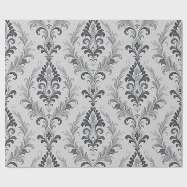 Papel De Presente Padrão Floral Barroco em Cinza Prateado Damask (Aberto)