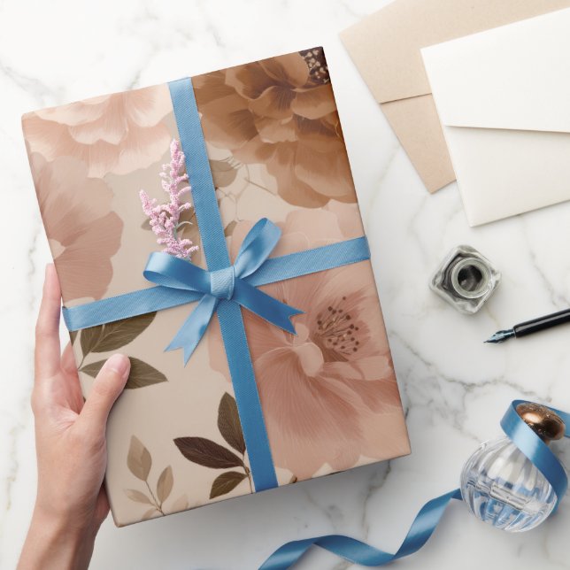 Papel De Presente Padrão Floral Bege Flor Boho Rosa Empoeirado (Presentear)