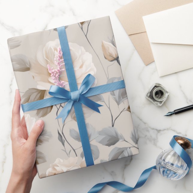 Papel De Presente Padrão Floral Bege Rosa Branco Suave  (Presentear)