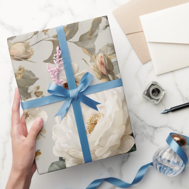 Papel De Presente Padrão Floral Bege Rosa Branco Suave  (Presentear)