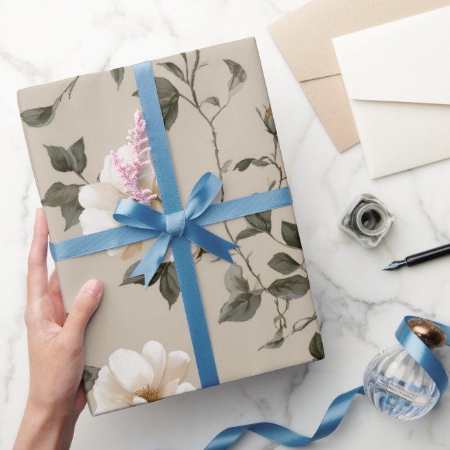 Papel De Presente Padrão Floral Bege Rosa Branco Suave  (Presentear)