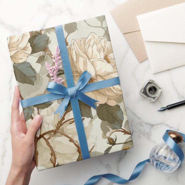 Papel De Presente Padrão Floral Bege Rosa Creme Romântico (Presentear)